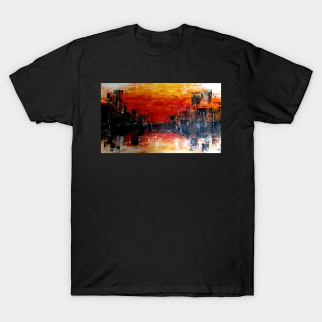 Semi abstract sea scape, sunset at sea city scape T-Shirt by SunilAngra